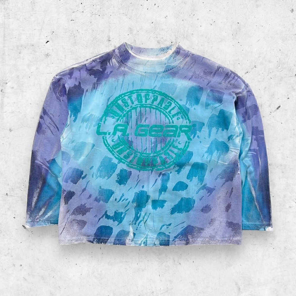 Vtg 80s 90s L.A. Gear Tie Dye All Over Print Puff Print Logo Shirt, Box Fit, AOP